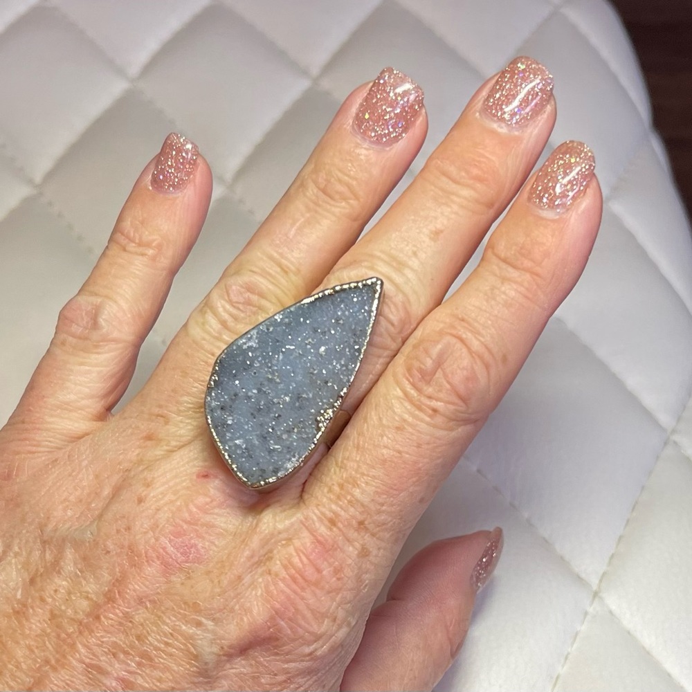 Silver and Grey Large Druzy Ring Adjustable